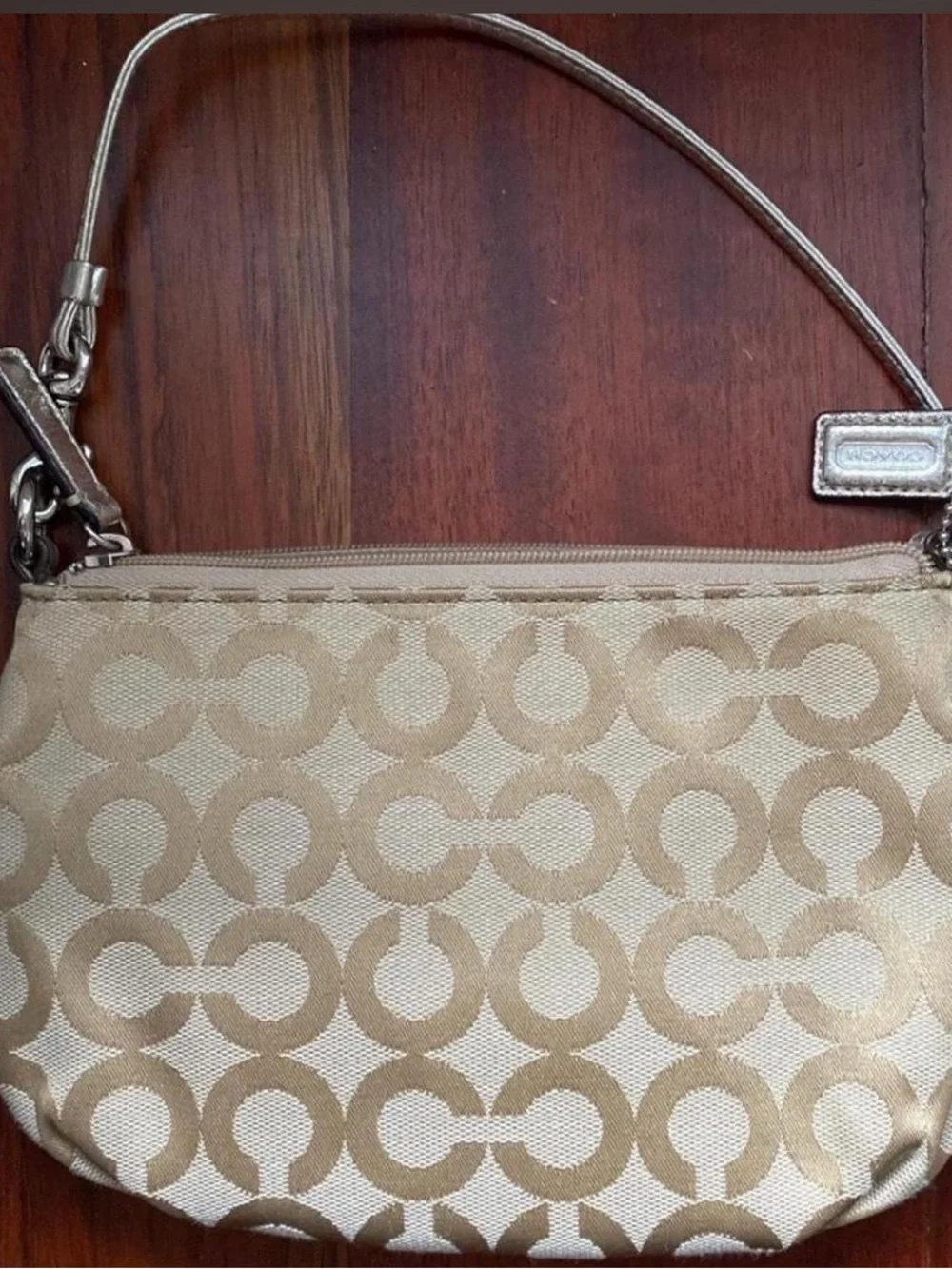 Coach Beige Signature Evening Bag with Metallic Silver Accents